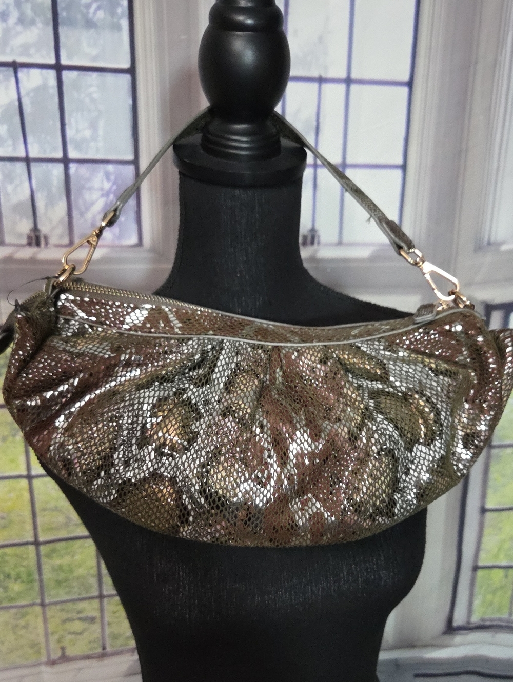 AKIRA Metallic Snake-Print Clutch in Gold and Brown